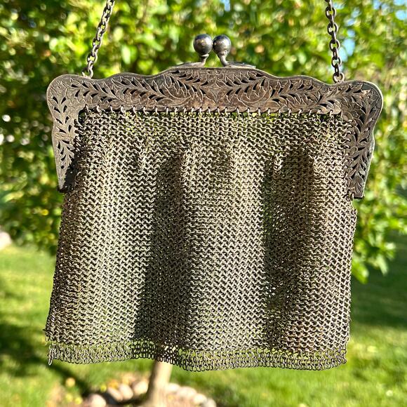 Antique German Silver Mesh Purse 6" x 5.5" with 9" Strap Drop - Picture 2 of 11